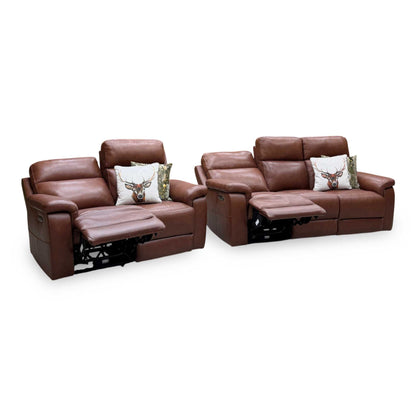 ‘Raven’ Montana Butterscotch Cat-60_07 Brown Leather 3 + 2 Seater Power Recliner Sofa Set