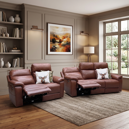 ‘Raven’ Montana Butterscotch Cat-60_07 Brown Leather 3 + 2 Seater Power Recliner Sofa Set