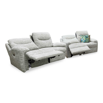 G Plan ‘Amesbury’ A049 Maddox Olive Fabric Set: 3 Seater Power Recliner with Power Headrests and Power Lumbar + 2 Seater Power Recliner Sofa Set