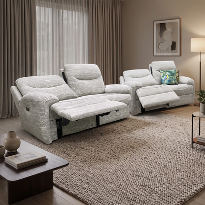 G Plan ‘Amesbury’ A049 Maddox Olive Fabric Set: 3 Seater Power Recliner with Power Headrests and Power Lumbar + 2 Seater Power Recliner Sofa Set