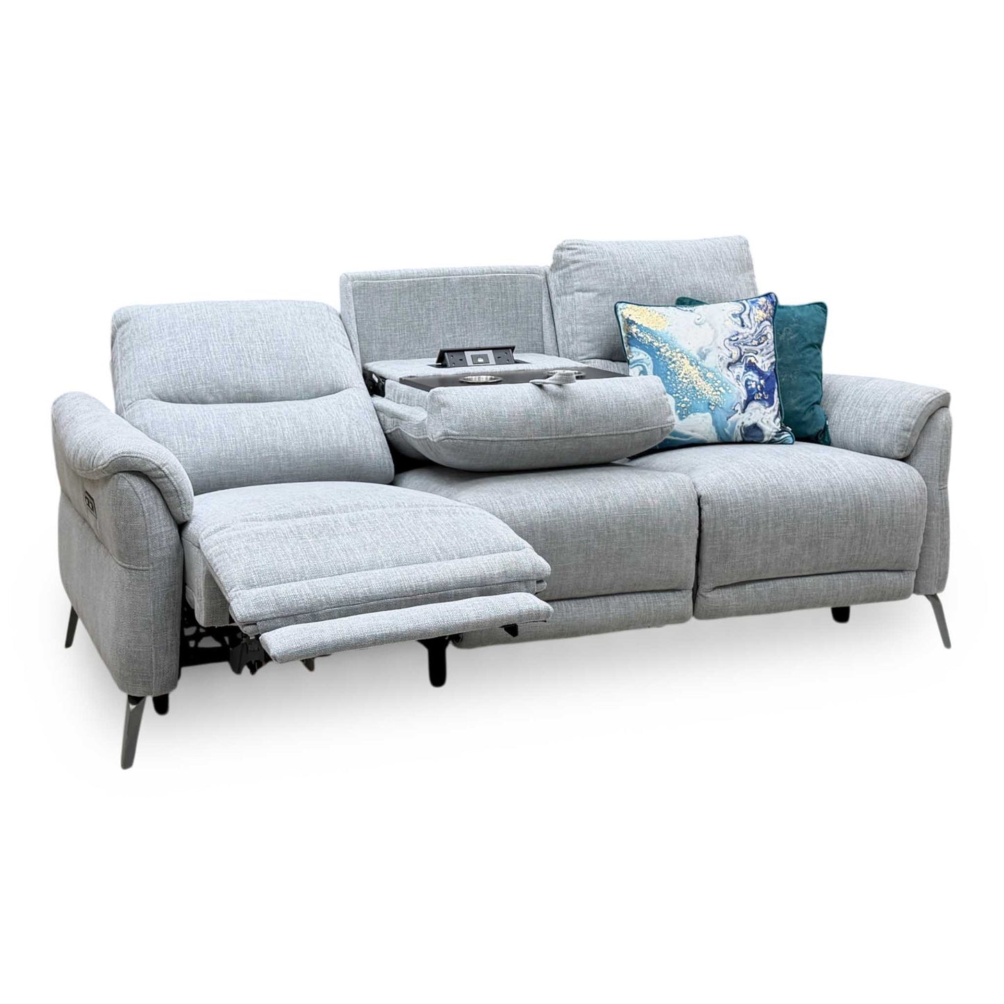 ‘Daytona’ 11445 Anivia Light Grey Fabric 3 Seater Power Recliner Sofa with Drop Down Drinks Holder