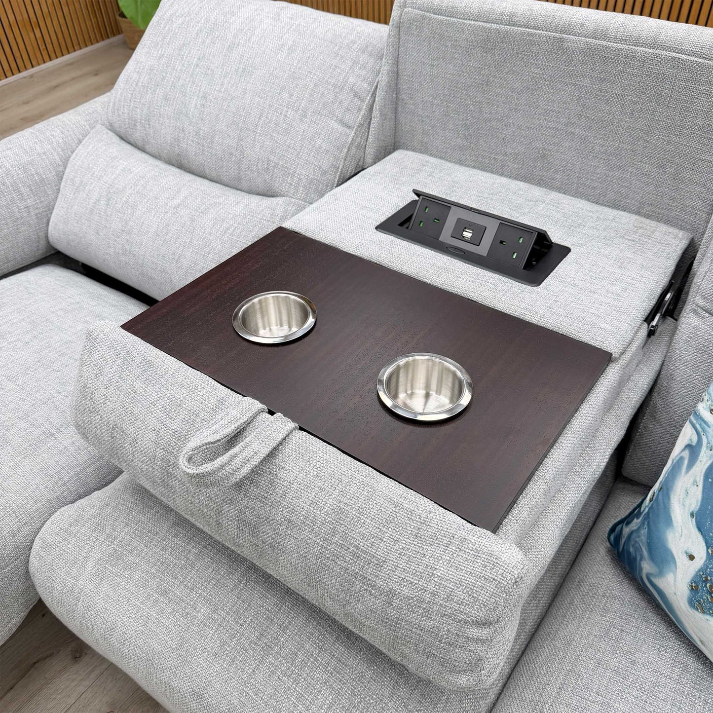 ‘Daytona’ 11445 Anivia Light Grey Fabric 3 Seater Power Recliner Sofa with Drop Down Drinks Holder – view 8