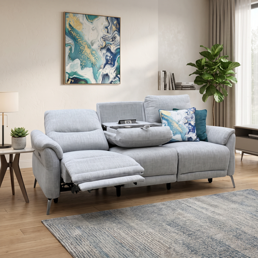 ‘Daytona’ 11445 Anivia Light Grey Fabric 3 Seater Power Recliner Sofa with Drop Down Drinks Holder – view 2