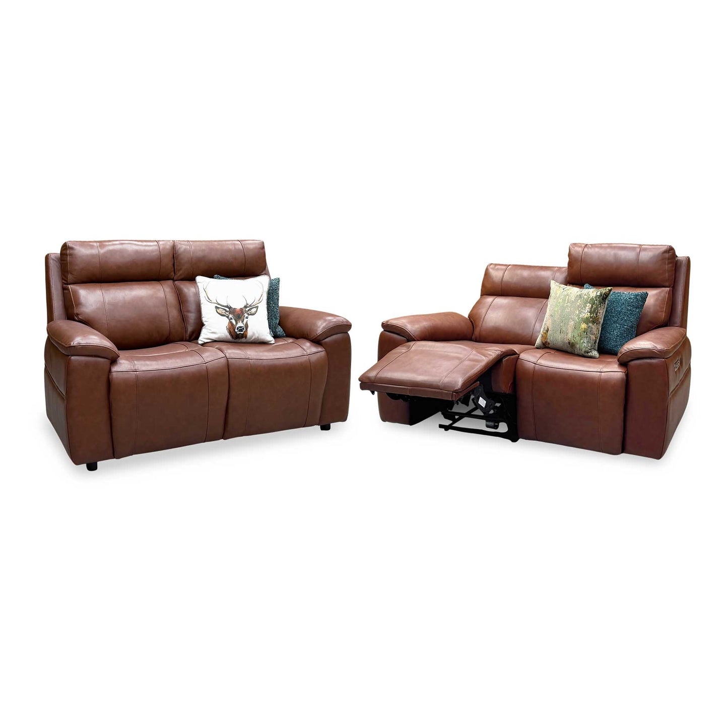 ‘Aero’ Butterscotch Cat-60 07 Brown Leather Set: 2 Seater Power Recliner with Power Headrests and Heated Seats + 2 Seater Standard Sofa Set