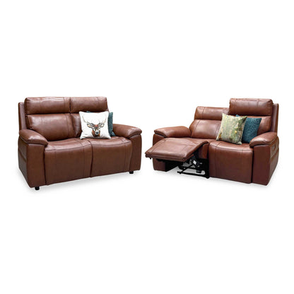 ‘Aero’ Butterscotch Cat-60 07 Brown Leather Set: 2 Seater Power Recliner with Power Headrests and Heated Seats + 2 Seater Standard Sofa Set