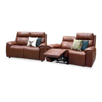‘Aero’ Butterscotch Cat-60 07 Brown Leather Set: 2 Seater Power Recliner with Power Headrests and Heated Seats + 2 Seater Standard Sofa Set