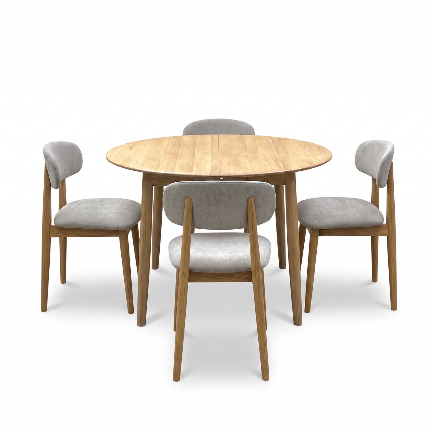 ‘Stockholm’ Light Oak Solid Oak Round Extending Dining Table with Light Oak Set of 4 Wooden Dining Chairs