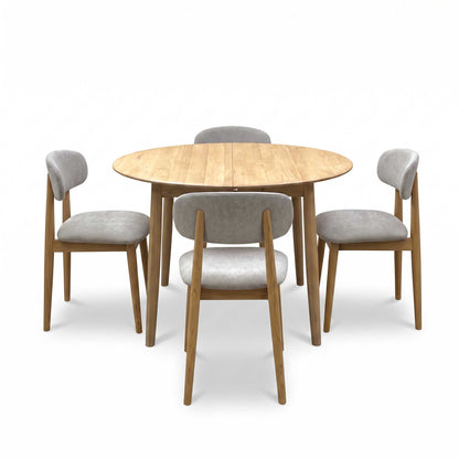 ‘Stockholm’ Light Oak Solid Oak Round Extending Dining Table with Light Oak Set of 4 Wooden Dining Chairs