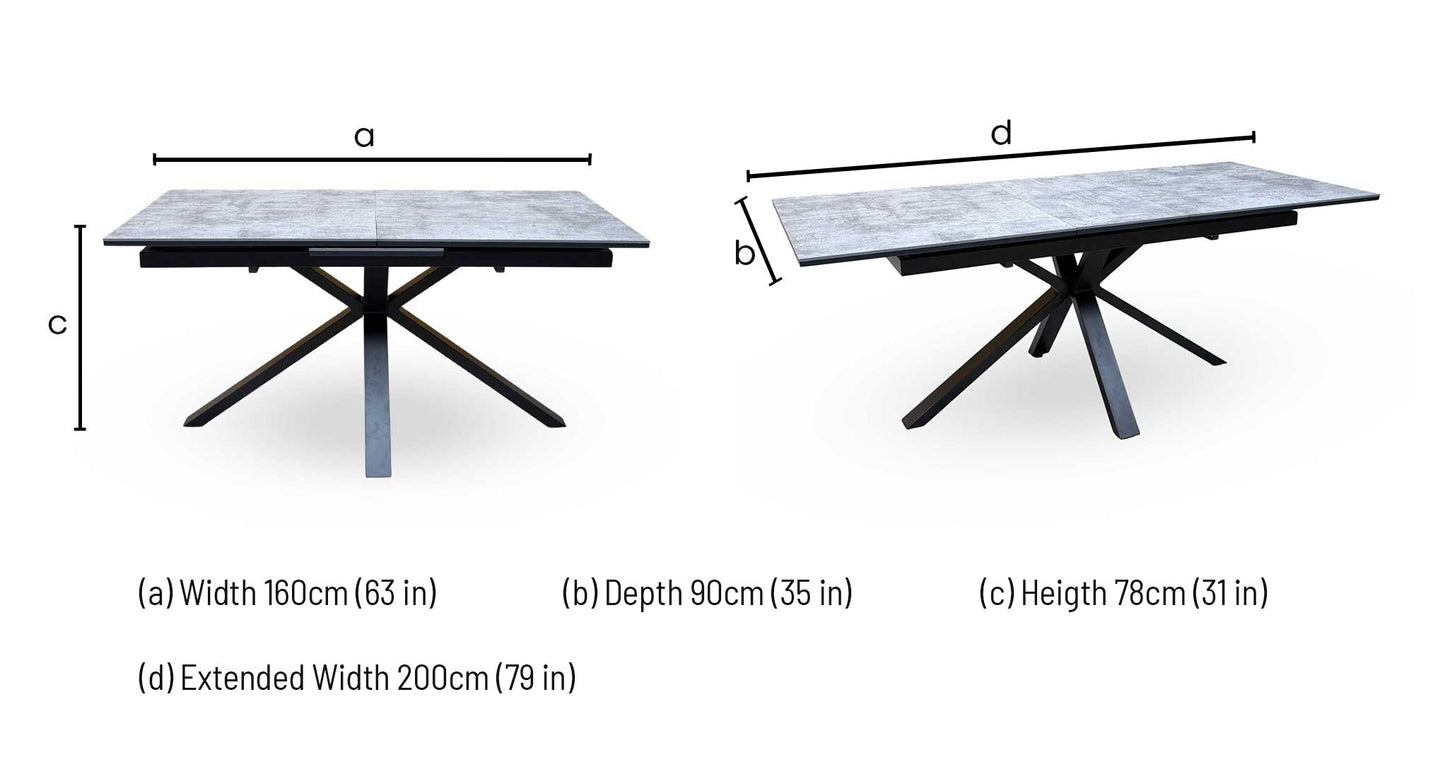 'Moon’ Grey Concrete Effect Pop-Up Extending Dining Table 160cm