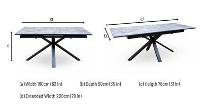 'Moon’ Grey Concrete Effect Pop-Up Extending Dining Table 160cm
