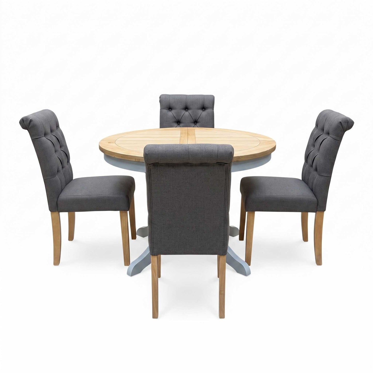 ‘Lewis’ Solid Oak Round Pedestal Butterfly Extending Dining Table with Anthracite Grey Fabric Set of 4 Button Back Dining Chairs