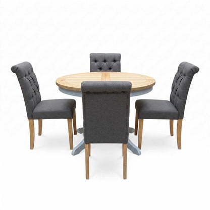 ‘Lewis’ Solid Oak Round Pedestal Butterfly Extending Dining Table with Anthracite Grey Fabric Set of 4 Button Back Dining Chairs