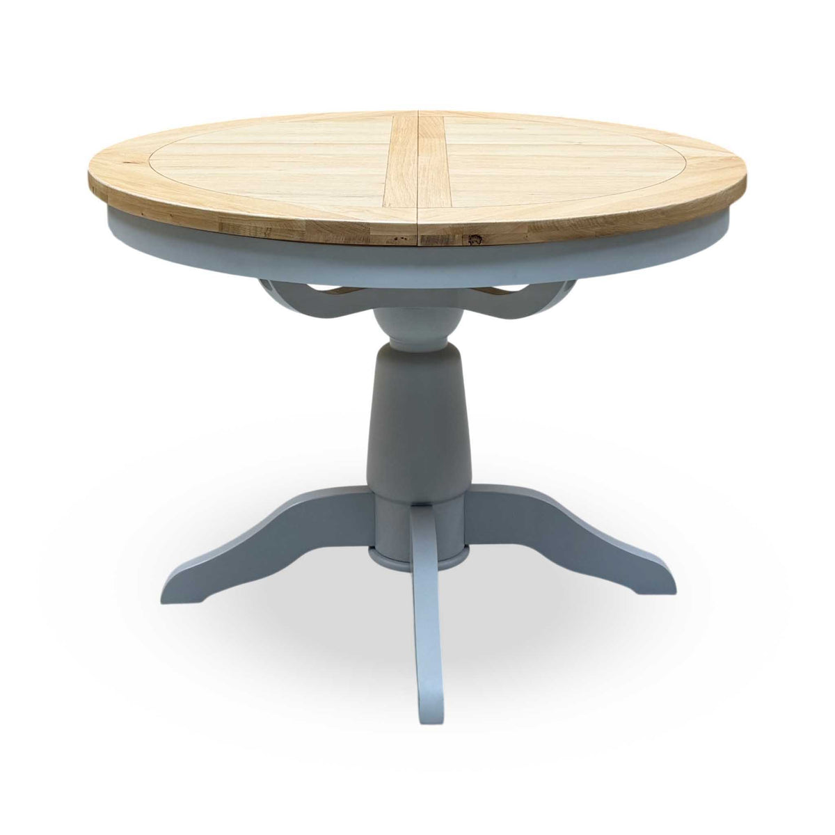 ‘Lewis’ Solid Oak Round Pedestal Butterfly Extending Dining Table with Anthracite Grey Fabric Set of 4 Button Back Dining Chairs