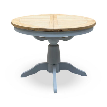‘Lewis’ Solid Oak Round Pedestal Butterfly Extending Dining Table with Anthracite Grey Fabric Set of 4 Button Back Dining Chairs