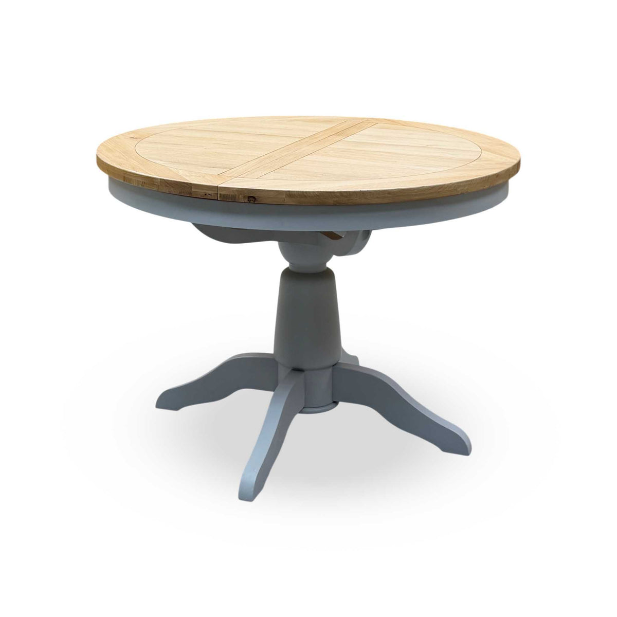 ‘Lewis’ Solid Oak Round Pedestal Butterfly Extending Dining Table with Anthracite Grey Fabric Set of 4 Button Back Dining Chairs