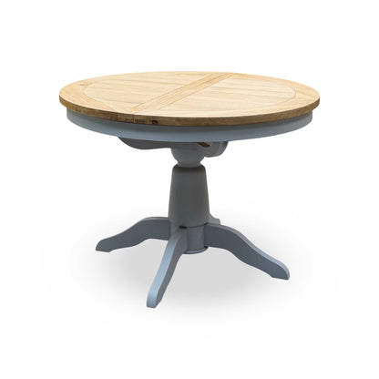 ‘Lewis’ Solid Oak Round Pedestal Butterfly Extending Dining Table with Anthracite Grey Fabric Set of 4 Button Back Dining Chairs
