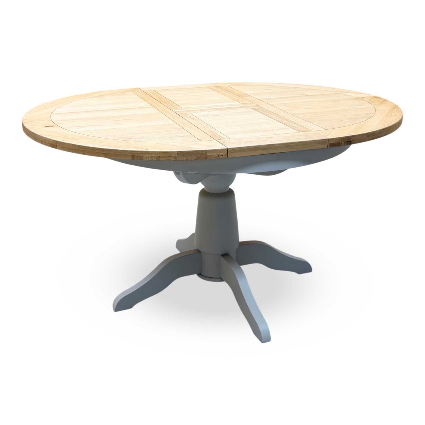 ‘Lewis’ Solid Oak Round Pedestal Butterfly Extending Dining Table with Anthracite Grey Fabric Set of 4 Button Back Dining Chairs