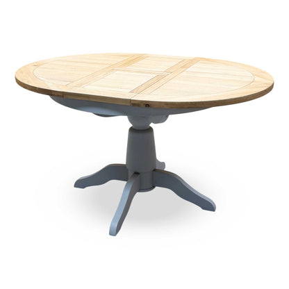 ‘Lewis’ Solid Oak Round Pedestal Butterfly Extending Dining Table with Anthracite Grey Fabric Set of 4 Button Back Dining Chairs