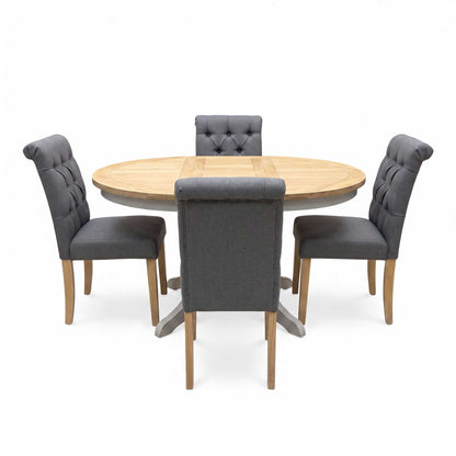‘Lewis’ Solid Oak Round Pedestal Butterfly Extending Dining Table with Anthracite Grey Fabric Set of 4 Button Back Dining Chairs