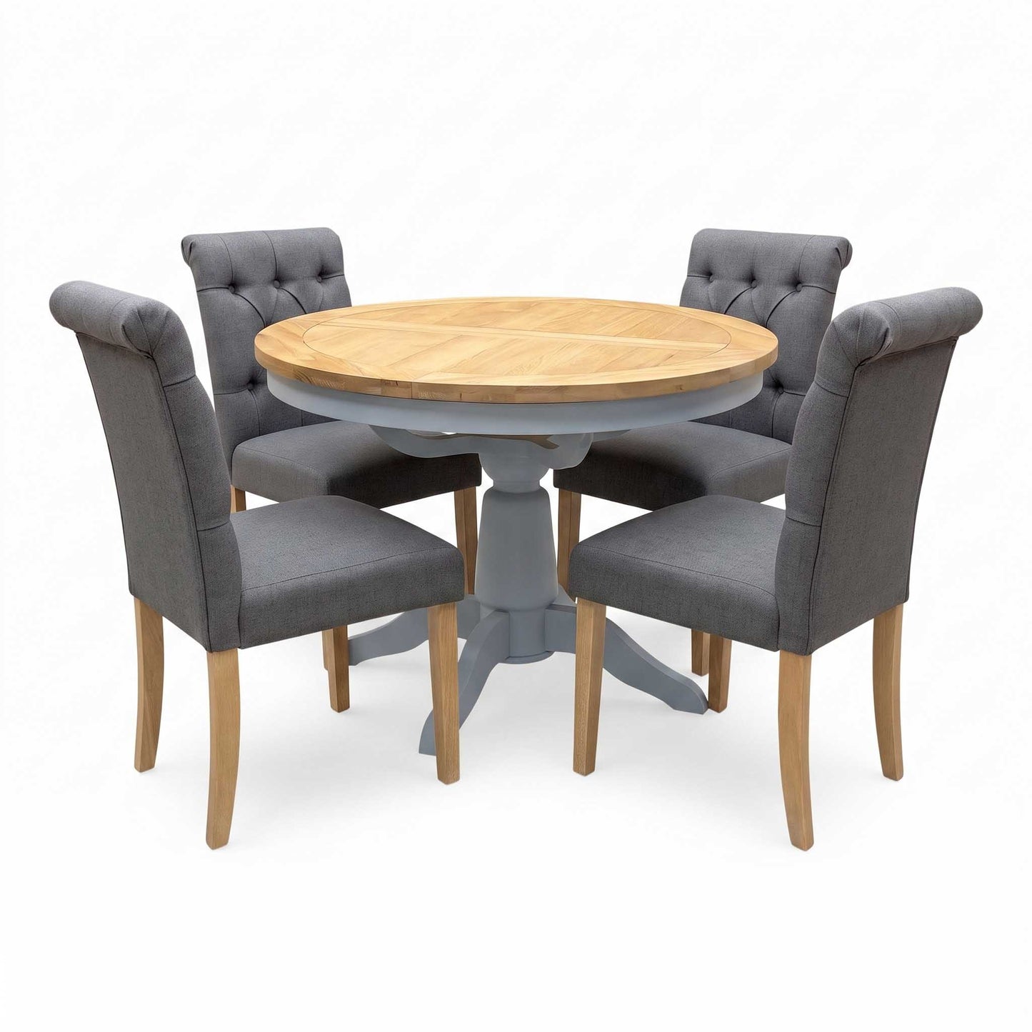 ‘Lewis’ Solid Oak Round Pedestal Butterfly Extending Dining Table with Anthracite Grey Fabric Set of 4 Button Back Dining Chairs