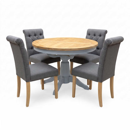 ‘Lewis’ Solid Oak Round Pedestal Butterfly Extending Dining Table with Anthracite Grey Fabric Set of 4 Button Back Dining Chairs