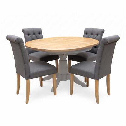 ‘Lewis’ Solid Oak Round Pedestal Butterfly Extending Dining Table with Anthracite Grey Fabric Set of 4 Button Back Dining Chairs