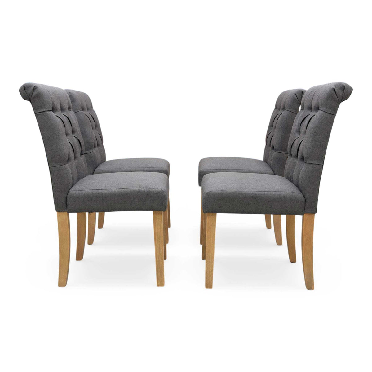 ‘Lewis’ Solid Oak Round Pedestal Butterfly Extending Dining Table with Anthracite Grey Fabric Set of 4 Button Back Dining Chairs