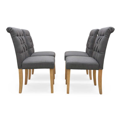 ‘Lewis’ Solid Oak Round Pedestal Butterfly Extending Dining Table with Anthracite Grey Fabric Set of 4 Button Back Dining Chairs