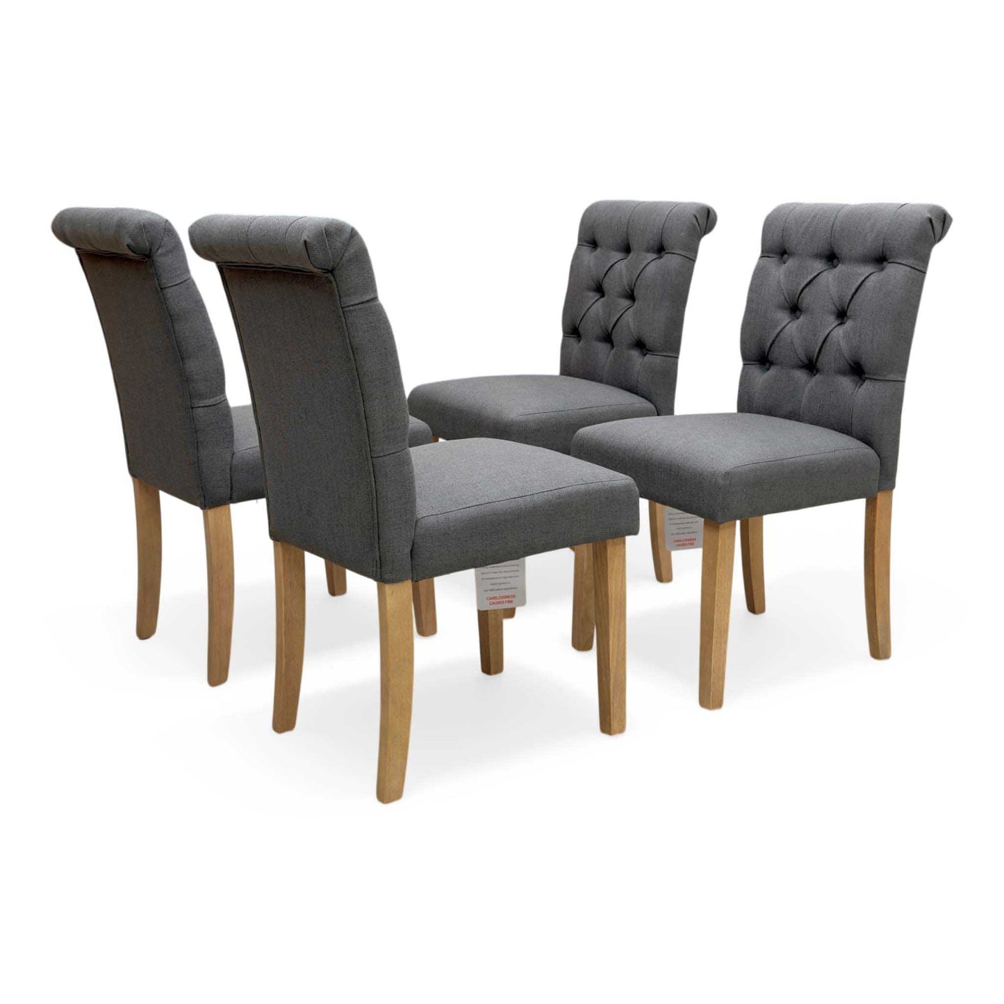 ‘Lewis’ Solid Oak Round Pedestal Butterfly Extending Dining Table with Anthracite Grey Fabric Set of 4 Button Back Dining Chairs