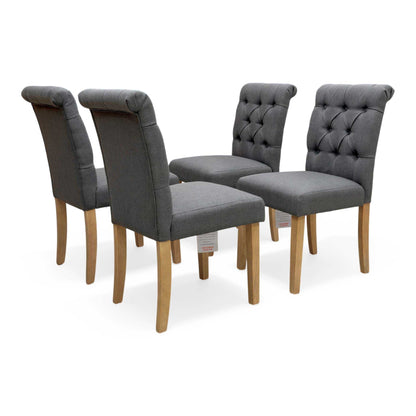 ‘Lewis’ Solid Oak Round Pedestal Butterfly Extending Dining Table with Anthracite Grey Fabric Set of 4 Button Back Dining Chairs