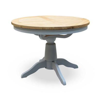 ‘Lewis’ Solid Oak Round Pedestal Butterfly Extending Dining Table with Anthracite Grey Fabric Set of 4 Button Back Dining Chairs