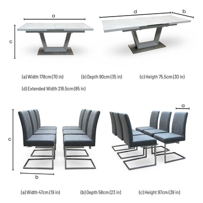 'Grigio' Marble Effect Ceramic Top Large Extending Dining Table with Grey Fabric Set of 6 Cantilever Dining Chairs