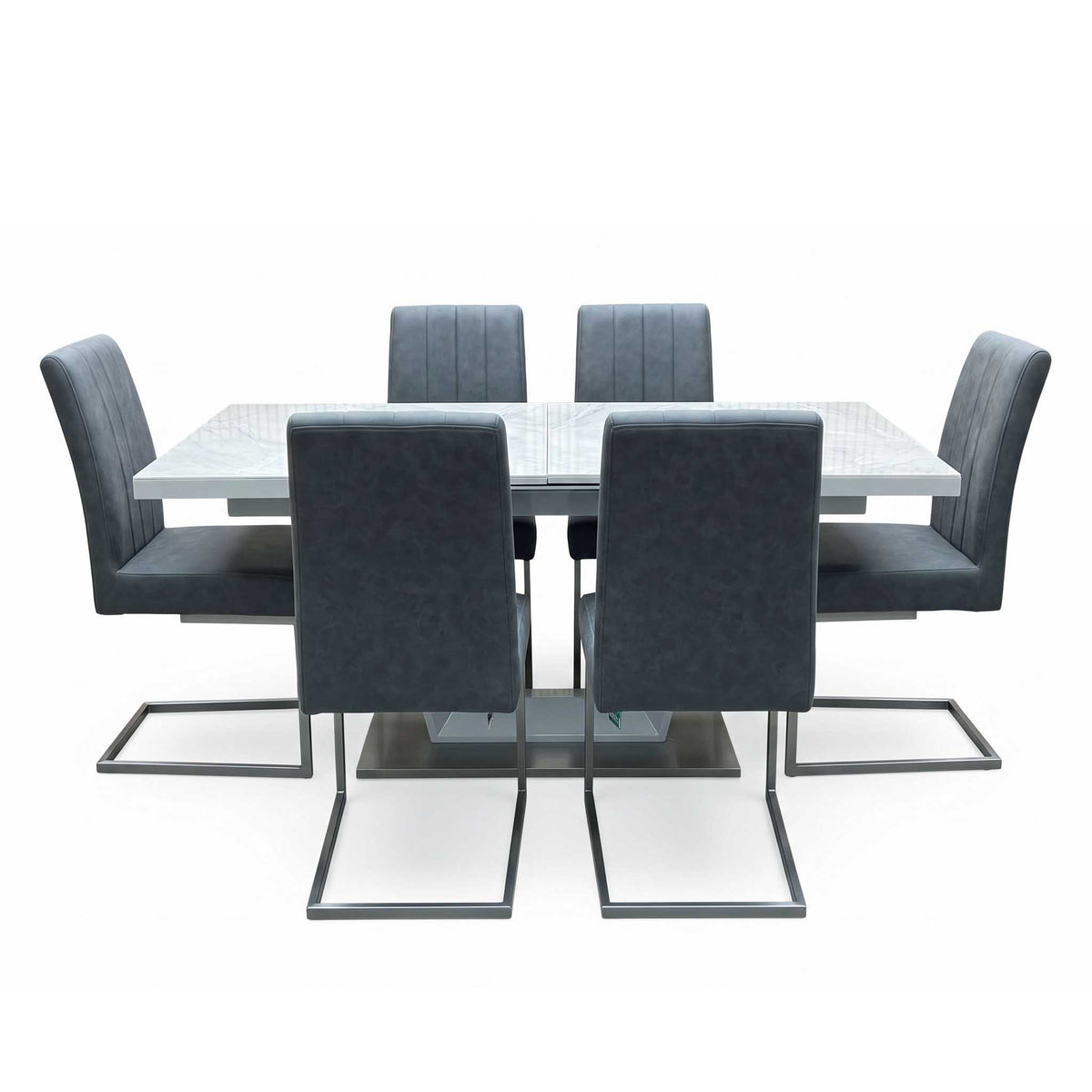 'Grigio' Marble Effect Ceramic Top Large Extending Dining Table with Grey Fabric Set of 6 Cantilever Dining Chairs