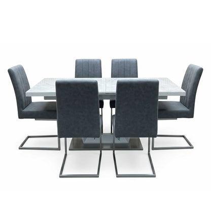 'Grigio' Marble Effect Ceramic Top Large Extending Dining Table with Grey Fabric Set of 6 Cantilever Dining Chairs