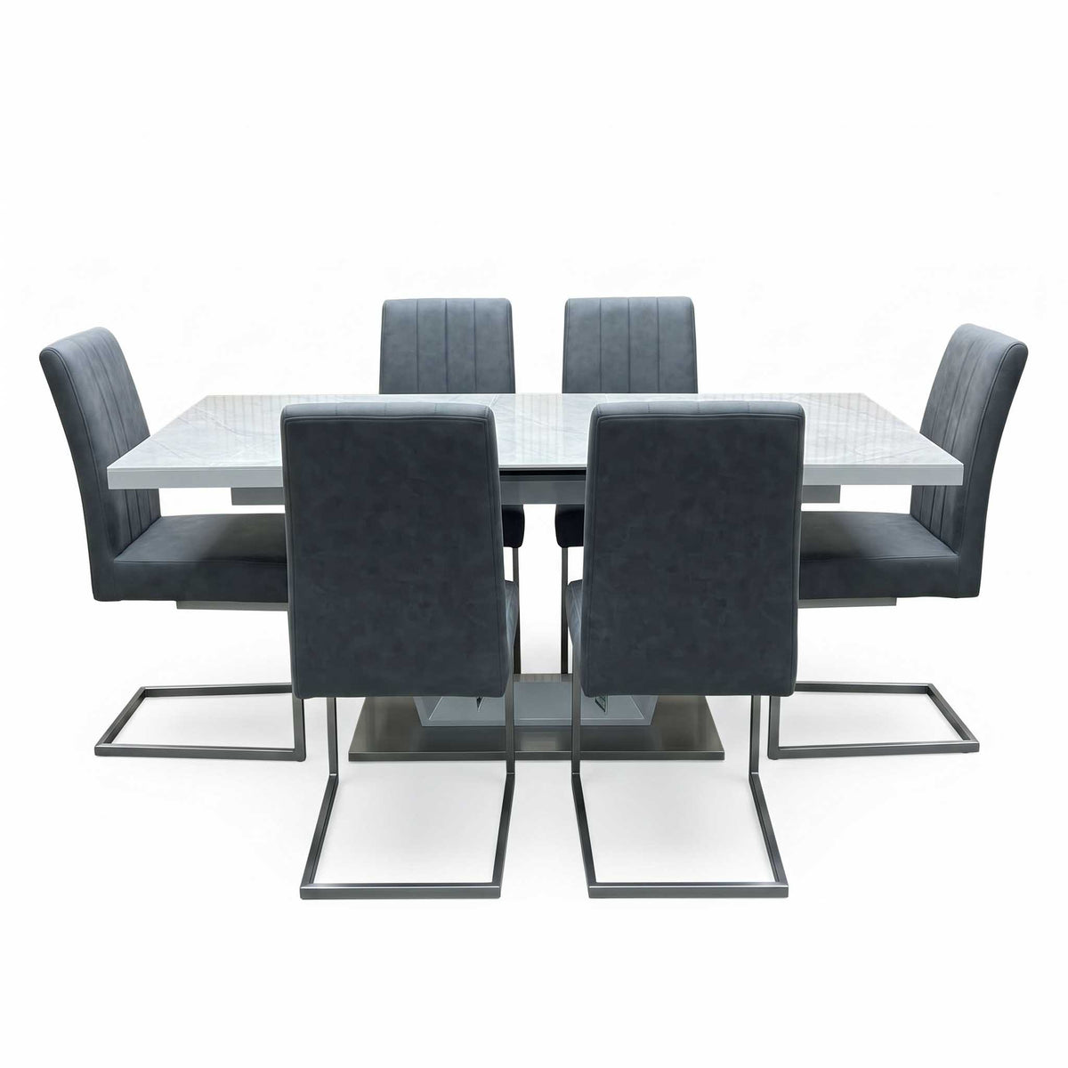 'Grigio' Marble Effect Ceramic Top Large Extending Dining Table with Grey Fabric Set of 6 Cantilever Dining Chairs