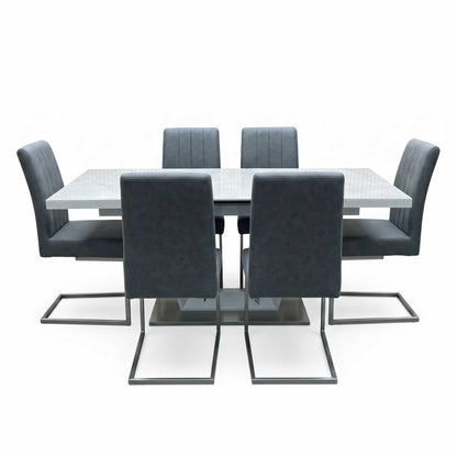 'Grigio' Marble Effect Ceramic Top Large Extending Dining Table with Grey Fabric Set of 6 Cantilever Dining Chairs