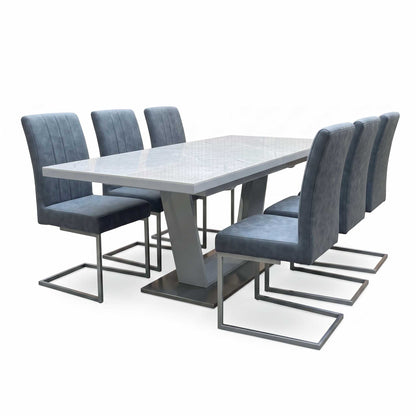 'Grigio' Marble Effect Ceramic Top Large Extending Dining Table with Grey Fabric Set of 6 Cantilever Dining Chairs