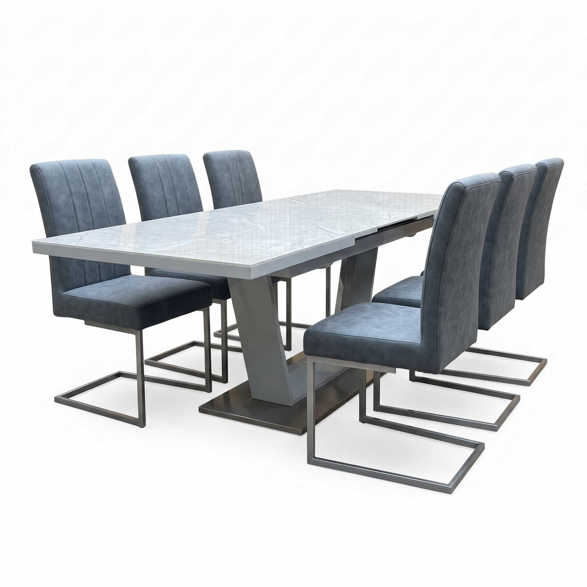 'Grigio' Marble Effect Ceramic Top Large Extending Dining Table with Grey Fabric Set of 6 Cantilever Dining Chairs