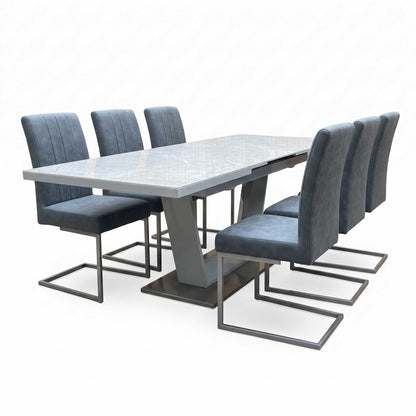 'Grigio' Marble Effect Ceramic Top Large Extending Dining Table with Grey Fabric Set of 6 Cantilever Dining Chairs