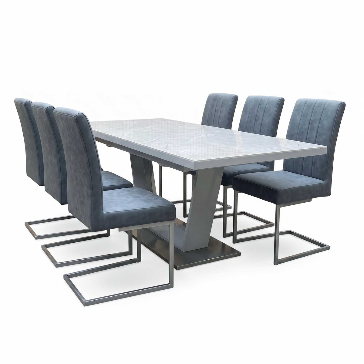 'Grigio' Marble Effect Ceramic Top Large Extending Dining Table with Grey Fabric Set of 6 Cantilever Dining Chairs