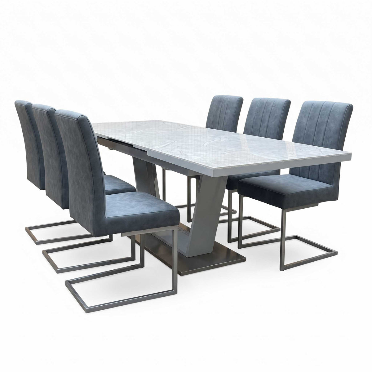 'Grigio' Marble Effect Ceramic Top Large Extending Dining Table with Grey Fabric Set of 6 Cantilever Dining Chairs