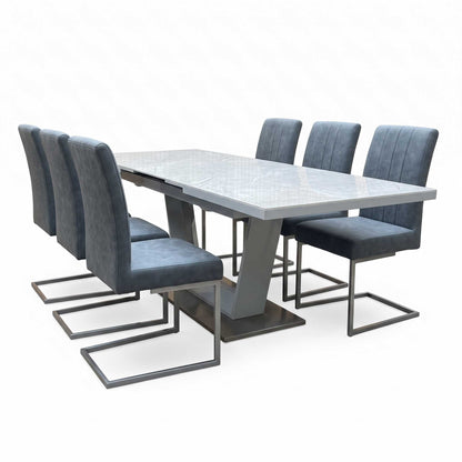 'Grigio' Marble Effect Ceramic Top Large Extending Dining Table with Grey Fabric Set of 6 Cantilever Dining Chairs