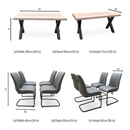 Bodahl 'Terra' 8 Vintage Grey Solid Oak 160cm Straight Edge Compact Dining Table with X-Shaped Legs with Grey Leather Cantilever Dining Chairs - Set of 4