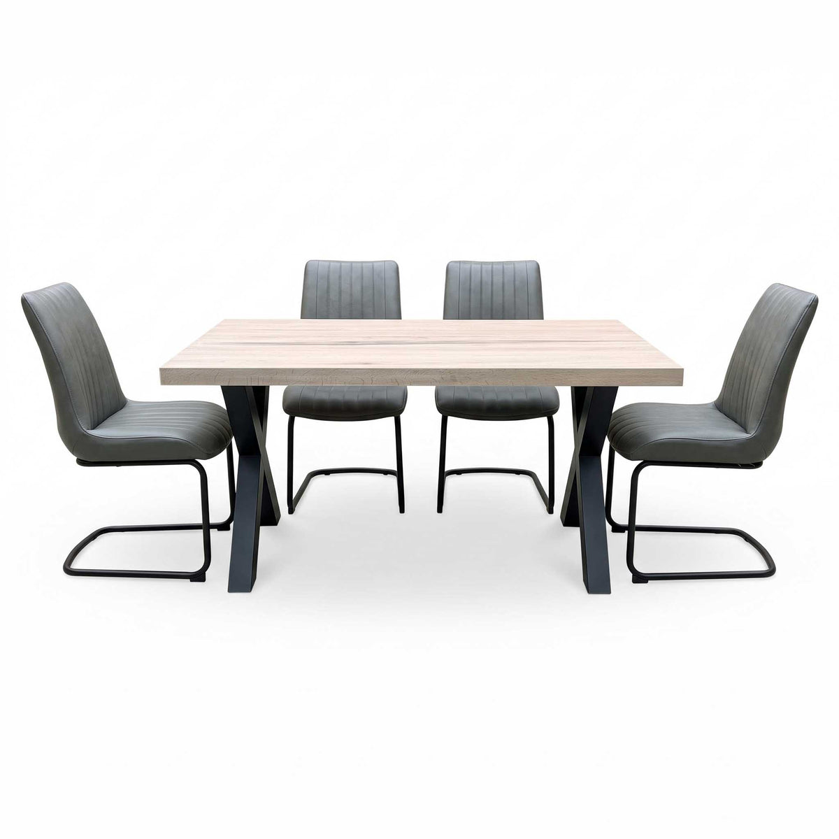 Bodahl 'Terra' 8 Vintage Grey Solid Oak 160cm Straight Edge Compact Dining Table with X-Shaped Legs with Grey Leather Cantilever Dining Chairs - Set of 4