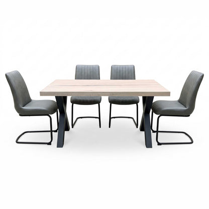 Bodahl 'Terra' 8 Vintage Grey Solid Oak 160cm Straight Edge Compact Dining Table with X-Shaped Legs with Grey Leather Cantilever Dining Chairs - Set of 4