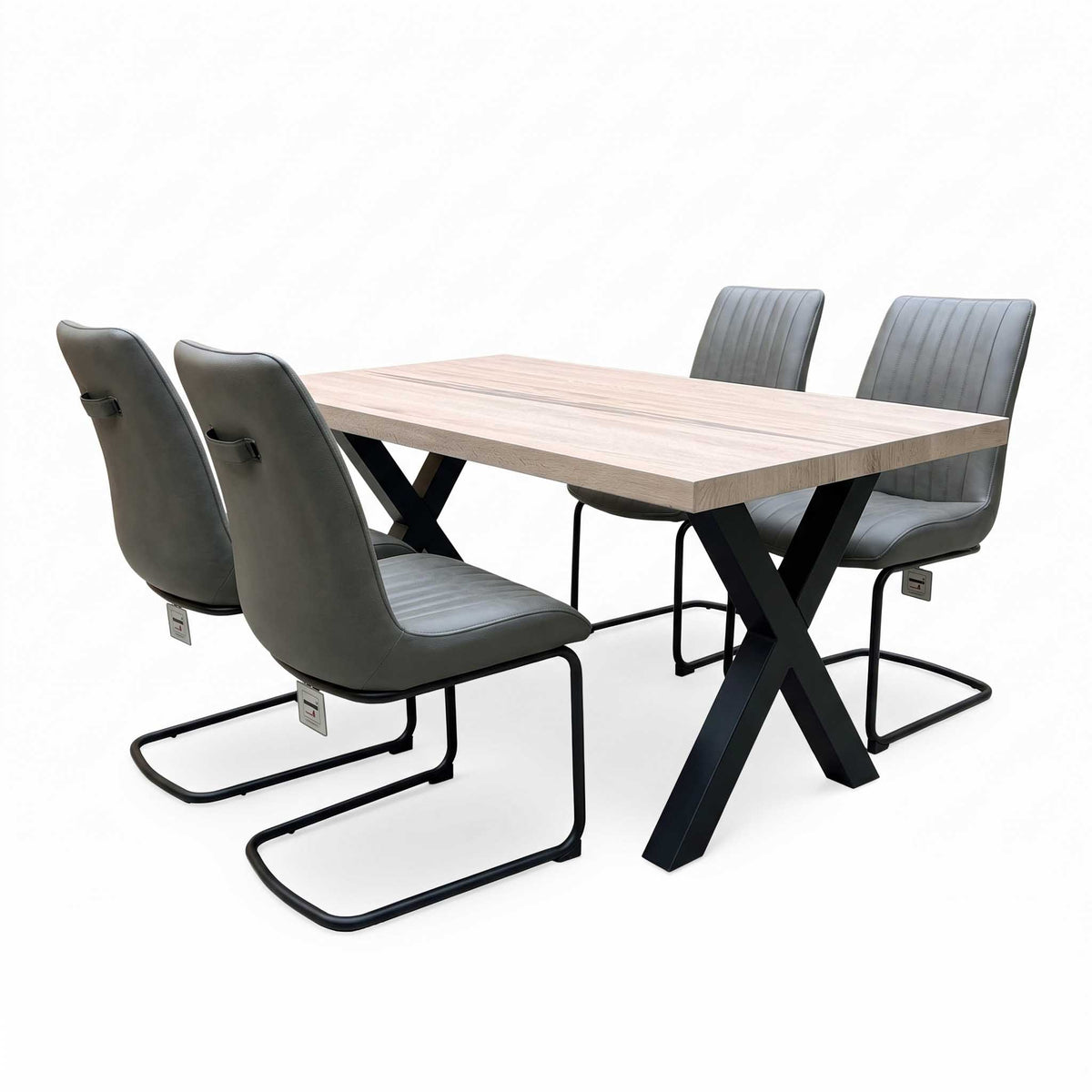 Bodahl 'Terra' 8 Vintage Grey Solid Oak 160cm Straight Edge Compact Dining Table with X-Shaped Legs with Grey Leather Cantilever Dining Chairs - Set of 4