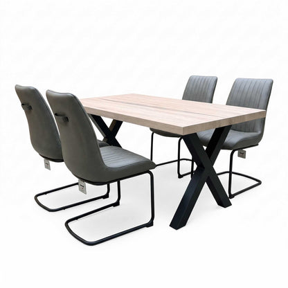 Bodahl 'Terra' 8 Vintage Grey Solid Oak 160cm Straight Edge Compact Dining Table with X-Shaped Legs with Grey Leather Cantilever Dining Chairs - Set of 4