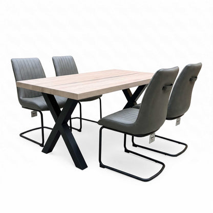 Bodahl 'Terra' 8 Vintage Grey Solid Oak 160cm Straight Edge Compact Dining Table with X-Shaped Legs with Grey Leather Cantilever Dining Chairs - Set of 4
