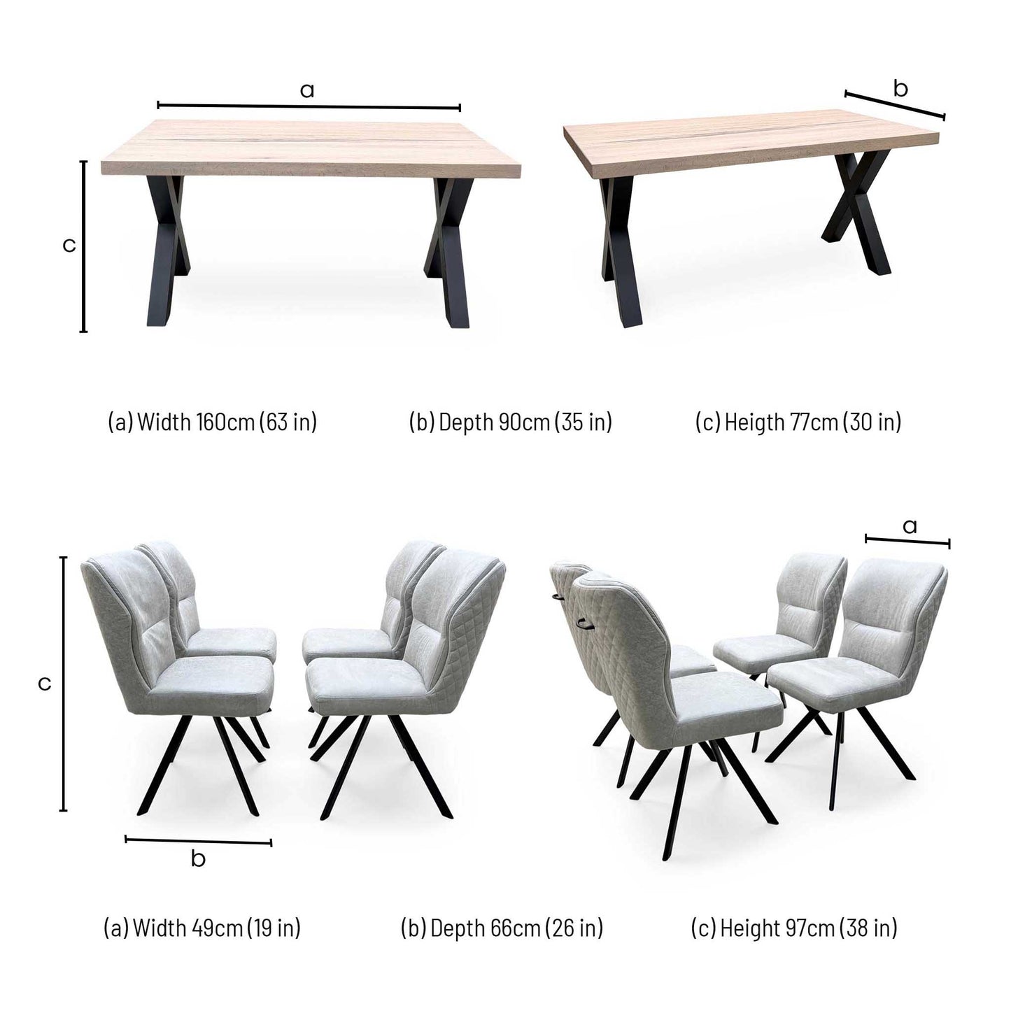 Bodahl Terra 160cm Compact Straight Edge Vintage Grey Dining Table with X Shaped Legs and 4 Taupe Fabric Swivel Dining Chairs