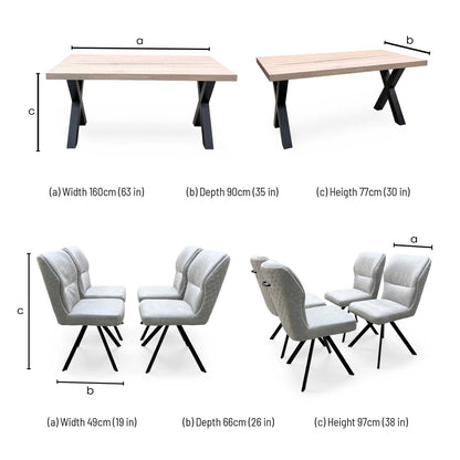 Bodahl Terra 160cm Compact Straight Edge Vintage Grey Dining Table with X Shaped Legs and 4 Taupe Fabric Swivel Dining Chairs
